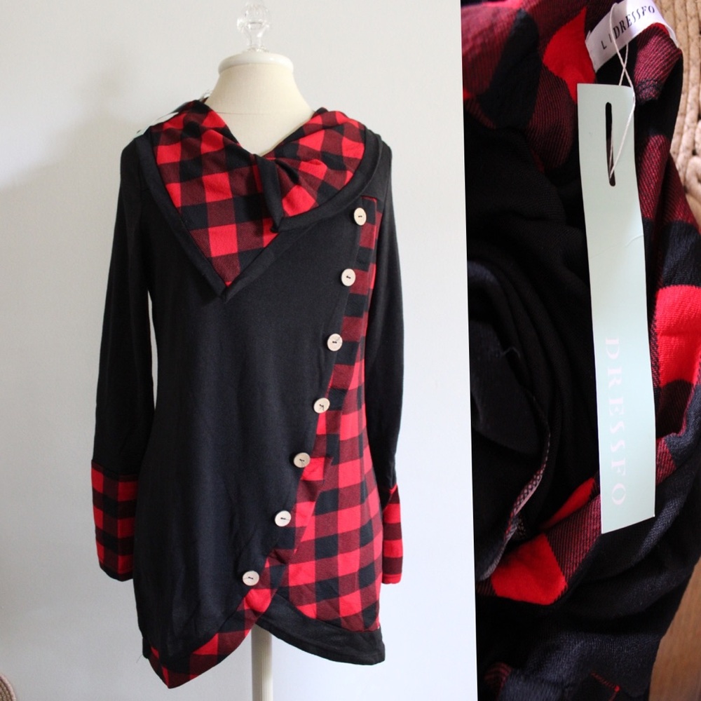 Plaid NWT Buffalo Check Cowl Neck Boutique Long Sleeve Top Large